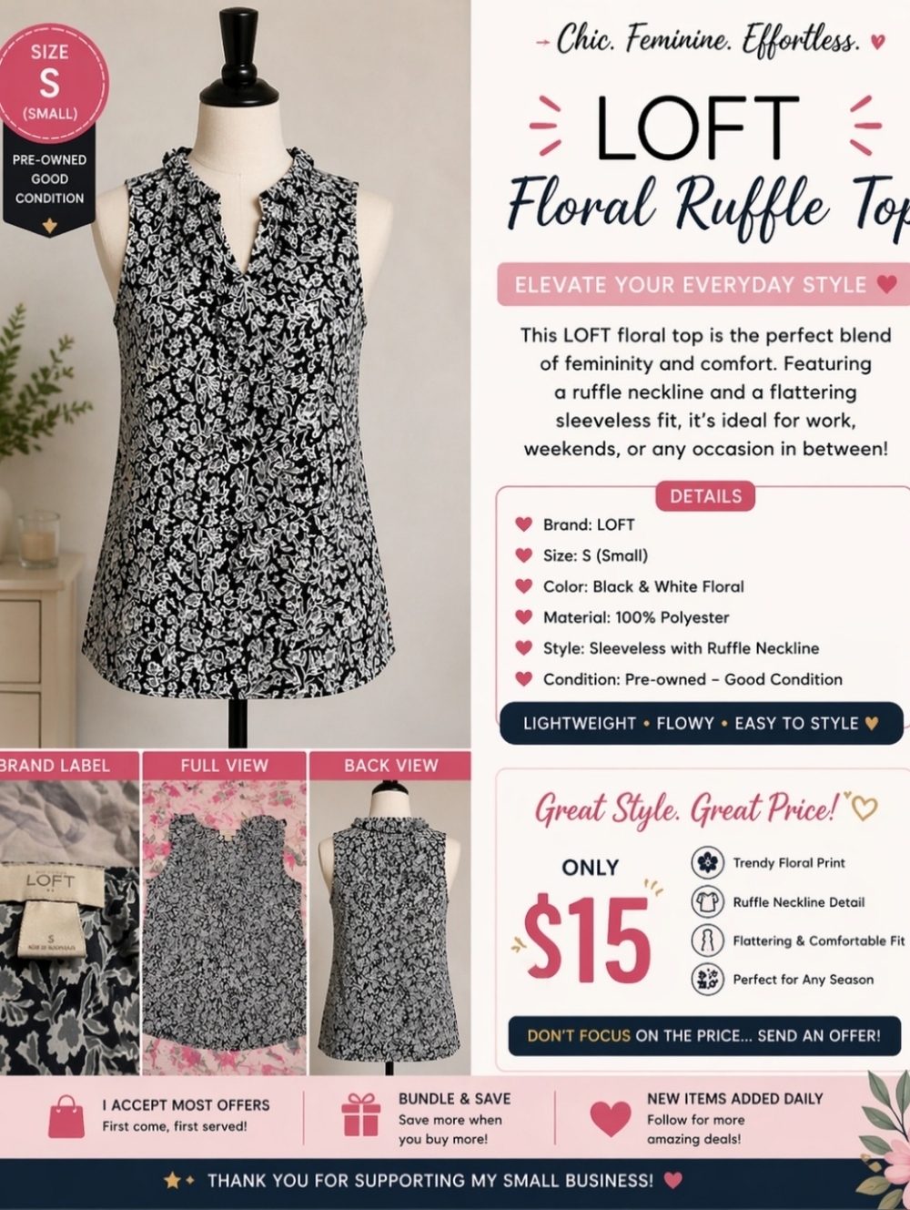 LOFT Black & White Floral Ruffle Sleeveless Top